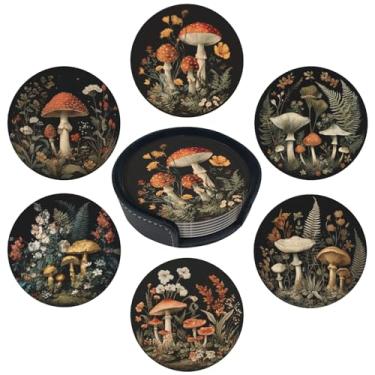 Imagem de sunwarshile Porta-copos para bebidas com suporte, porta-copos de couro, redondo, conjunto de 6 xícaras, canecas, tapete para bar de cozinha em casa (cogumelo)