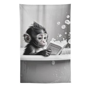 Imagem de Tapeçaria de leitura de macaco bebê na banheira preto branco bolhas cena bonito animal arte pendurar na parede decoração de casa alegre para banheiro quarto vibe60 x 90 tapeçaria