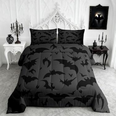 Imagem de Homewish Conjunto de edredom Queen com morcego de Halloween, estampa de morcegos pretos, 3 peças, decoração de feliz dia das bruxas para crianças, mulheres, meninos, meninas, edredom acolchoado, cinza