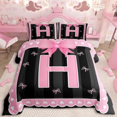 Imagem de jejeloiu Conjunto de edredom com laço rosa para meninas, com laço coquete, tamanho Queen, para crianças, meninos, meninas, personalizado, com letra H, edredom com nó de borboleta, princesa, edredom
