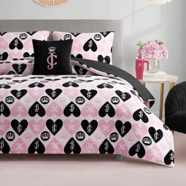 Imagem de Juicy Couture Conjunto de edredom de pelúcia reversível com logotipo Queen Heart 4 peças, casal/queen com travesseiro decorativo, rosa