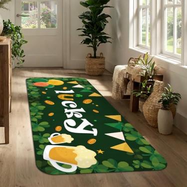 Imagem de Tapete de corredor do dia de São Patrício 43 x 129 cm, tapete de entrada da sorte trevo verde, tapete de porta longo antiderrapante para corredor, cozinha, porta da frente, decoração sazonal de casa
