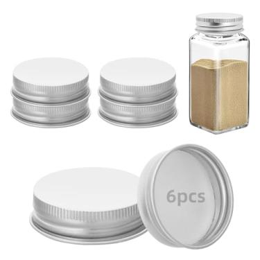 Imagem de 6 tampas de pote de ferro para potes quadrados de 113 g e 170 g reutilizáveis latas herméticas de armazenamento de especiarias para cozinha de vedação agradável (prata)