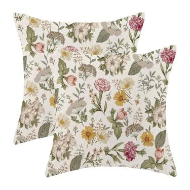 Imagem de AEIOAE Conjunto de 2 capas de almofada florais de primavera, 45,7 x 45,7 cm, planta, botânica, verde, decoração ao ar livre, capa de almofada, vintage, sazonal, para sofá, sala de estar