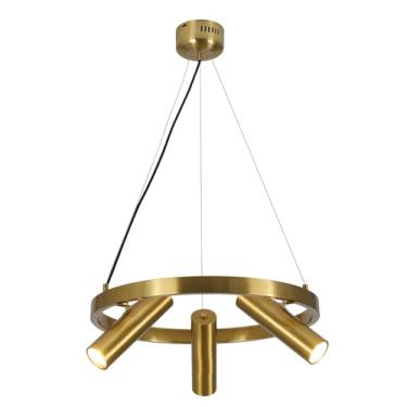 Imagem de Luminária de trilho suspensa redonda de LED com 3 lâmpadas, estilo moderno, dourada, para ilha de cozinha, com acabamento em latão escovado e design ajustável. Ideal para corredores e salas