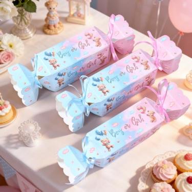 Imagem de 6 caixas de presente reveladoras de gênero, balões rosa e azul, em forma de doces, caixas de guloseimas com fitas, lembrança divertida de atividades de chá de bebê para meninos ou meninas, suprimentos