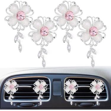 Imagem de 4 peças de cristal brilhante bonito tesouro flor clipes de ventilação de ar do carro, saída de ar condicionado automotivo strass, pingente difusor de aromatizador, acessório de decoração de interiores