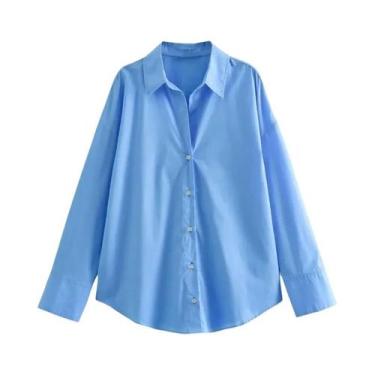 Imagem de Camisa Feminina De Manga Longa Listrada Com Lapela, Ajuste Solto, Pope