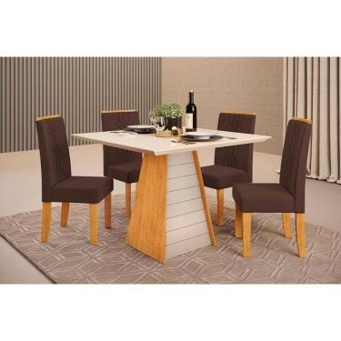 Imagem de Sala de Jantar Completa Fler c/ Tampo Madeirado c/ Vidro 90x90cm e 4 Cadeiras Zoe Cedro/Off White - Suede Moca - DJ Móveis