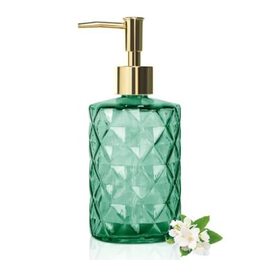 Imagem de Dispensador de sabão de vidro azul com bomba dourada, garrafa recarregável de 330 ml para gel de banho, xampu, espuma para as mãos e detergente - ideal para casa e hotel (verde)