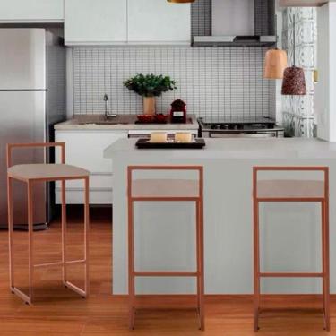 Imagem de Banqueta Industrial Premium Bar Cozinha Bistrô Aço Dori Cobre Assento Suede Bege Marrom