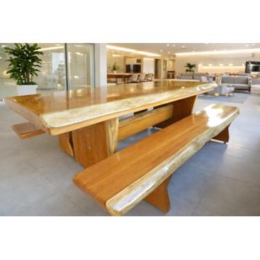 Imagem de Mesa Jantar Rústica Tampo(250cm x 85cm x 5,5cm) Bordas Orgânicas - Pés da Mesa formato Taça com 02 Bancos Laterais Tampo(250cm x 36cm x 4cm) - Madeira Garapeira – Acabamento Verniz - 08 a 10 Lugares