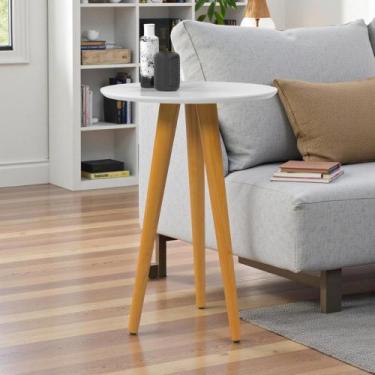 Imagem de Mesa Lateral Redonda Pés Palito Madeira Branco - Drop de Casa