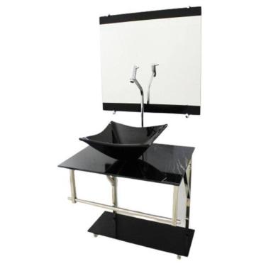 Imagem de Gabinete De Vidro 60Cm Iq Inox Cuba Quadrada Mármore Preto