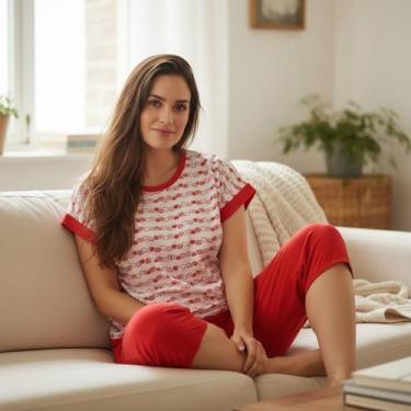 Imagem de Pijama Feminino Pescador Senhora Manga Curta Bermuda Roupa Feminina - 