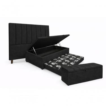 Imagem de Kit De Quarto Heitor Bicama Baú Solteiro 88 X 188 Cm Cabeceira De Cama E Calçadeira Baú Solteiro 90 Cm Suede Preto
