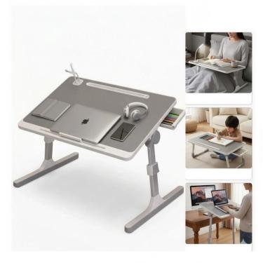 Imagem de Mesa Notebook Articulada Com Ventilador Luminaria Suporte Mesinha Sofa Cama Aluminio Madeira Ajustavel Gaveta Dobravel T