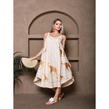 Imagem de Vestido Curto Verão Elegante Estampa Elefante Dourado Cor:CremeTamanho