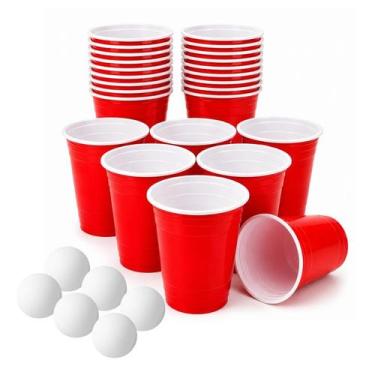 Imagem de Jogo Beer Pong 6 Bolinhas e 25 Copos Americano Vermelho 400ml Festa Ce