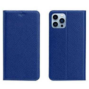Imagem de LAHappyL Capa tipo carteira para iPhone 13 Pro Max/13 Pro/13/13 Mini capa protetora de couro legítimo com suporte para cartão e absorção magnética oculta, azul, 13 Pro Max 6,7 polegadas