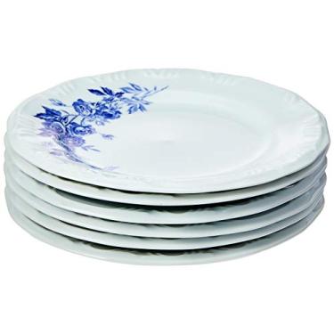 Imagem de Estojo com 6 Pratos Sobremesa, serve até 6 pessoas. Modelo Redondo com Relevo Pomerode. Decoração Cora. Fabricado pela Porcelana Schmidt.