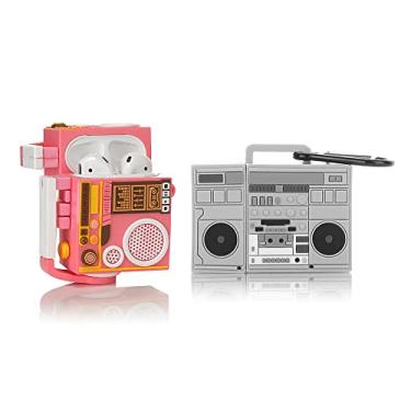 Imagem de (Pacote com 2) BGAANM Linda capa de silicone 1/2 com chaveiro, design de pele de desenho animado fones de ouvido capa protetora acessórios kits compatíveis com Airpods 1 e 2 (RadioWhite + RadioPink)