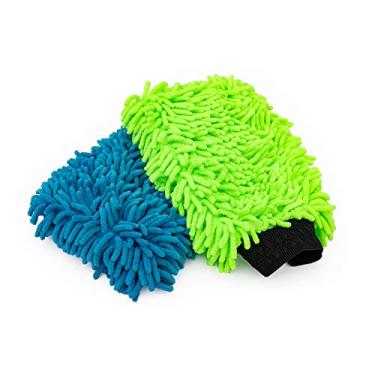 Imagem de The Rag Company - Luvas de lavagem de microfibra premium de chenille – perfeitas para lavagem e detalhes do carro; sem arranhões, sem fiapos, dupla face, pelúcia e absorvente; verde limão + azul