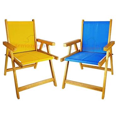 Imagem de Kit 2 Cadeira De Madeira Dobrável Para Lazer Jardim Praia Piscina Camping Amarelo E Azul - AMZ - Amarelo e Azul