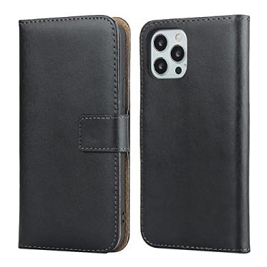 Imagem de GSYH Capa para iPhone 13/13 Pro/13 Pro Max, capa carteira de couro legítimo premium flip capa para telefone com suporte para cartão suporte à prova de choque TPU capa interna, preta, 13pro max 17 cm