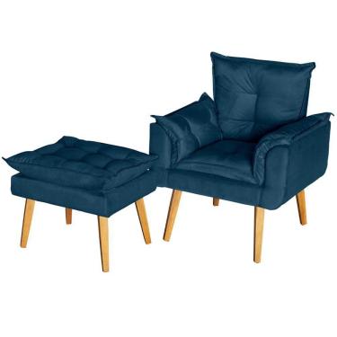 Imagem de Conjunto Poltrona Para Sala E Puff Suede Azul
