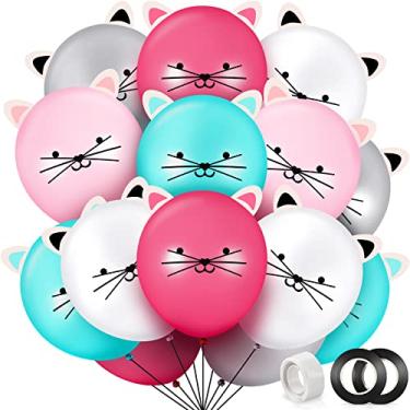 Imagem de 50 balões de látex para festa de gatinho de 30,5 cm, balões de gato, balões de animais para festa de aniversário, balões fofos de gato com orelhas, balões de festa infantil para meninas, gatos, suprimentos para festa de aniversário, 5 cores