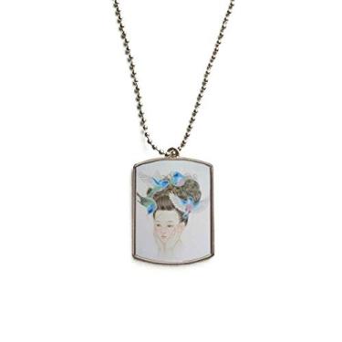 Imagem de DIYthinker Colar para animais de estimação com pingente de corrente de aço inoxidável com pássaro azul com pintura chinesa Pretty Girl