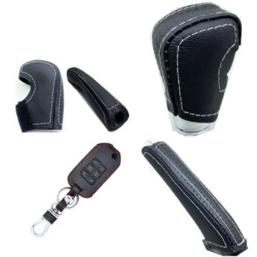 Imagem de Kit Capas Couro Manopla Câmbio Automático E Alavanca Freio de Mão E Chave Canivete City 2022 2023 (Couro preto/linha prata)