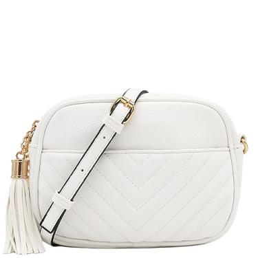 Imagem de FashionPuzzle Chevron Bolsa tiracolo acolchoada para câmera com alça de corrente e borla, Branco, One Size