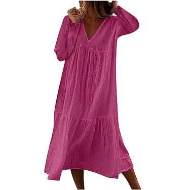 Imagem de Vestido feminino casual solto com decote em V e manga comprida vestido de praia vestido de amamentação para mulheres, Rosa choque, P