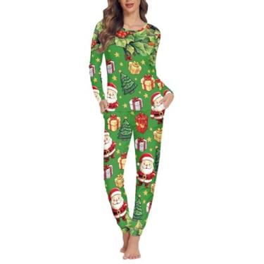 Imagem de Gzzxiailg Conjunto de pijama de duas peças para mulheres de manga comprida com bolsos, conjunto de duas peças de roupa de dormir para a família PP-6GG, Natal verde fofo, X-Small