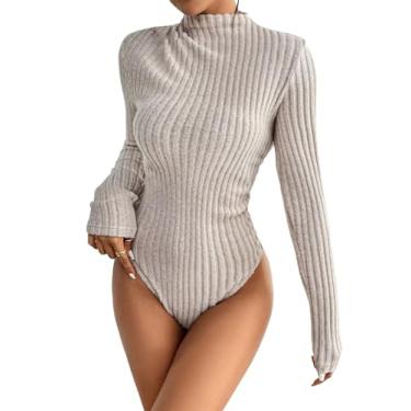 Imagem de WDIRARA Body feminino de malha canelada com gola redonda e manga comprida e caimento justo, Damasco, PP
