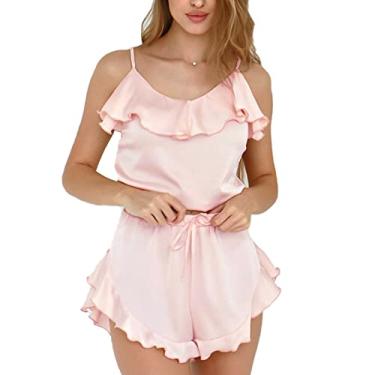 Imagem de Regata Shorts Roupa de Dormir, Regata Com Fenda Alta Shorts Conjunto de Pijama Cor Pura Plissado Guarnição Cintura Elástica Decote Em V para Casa (S)