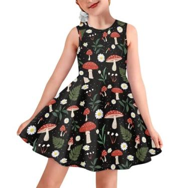 Imagem de Sprowallow Vestido feminino sem mangas de verão com gola redonda estampado para crianças regata vestidos florais na moda, Folhas de cogumelo, 9-10 Anos