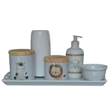Imagem de Kit higiene bebê Safari 6 peças - Bandeja, potes, porta álcool e molhadeira - Peças Porcelana Tampas Pinus