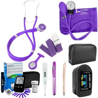 Imagem de Kit Enfermagem Completo Roxo Lilás Estetoscópio Esfigmomanômetro Oximetro Glicosímetro Garrote Termometro, Lanterna Clínica, Relógio Lapela + Caneta de Osso