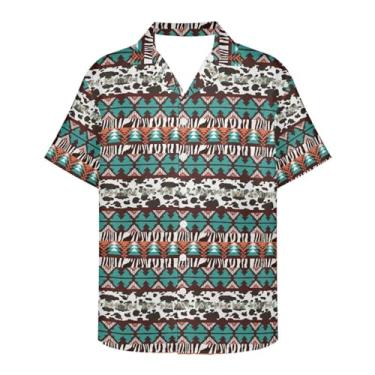 Imagem de Yewattles Camisetas masculinas tribais astecas grandes moda casual ajuste solto manga curta abotoado leve gola blusa tops tamanho PP-7GG