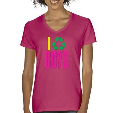 Imagem de Camiseta feminina "I Recycle Boys Puff Print", gola V, engraçada, aplicativo de namoro, humor, solteiro, independente, relacionamento, Rosa choque, G