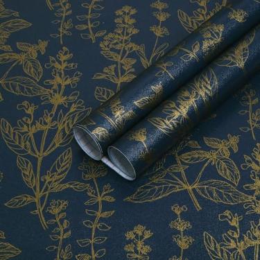 Imagem de Micpolo Descole e cole papel de parede azul papel de parede de contato floral azul para armários vintage removível papel de parede autoadesivo para quarto, banheiro, prateleira, vinil, 43,9 x 1,000 cm