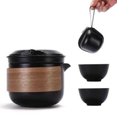 Imagem de Conjunto de chá portátil de cerâmica com duas xícaras, para viagem, kung fu, preto, bule de chá