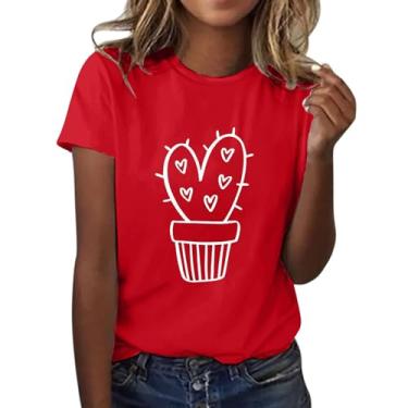 Imagem de Camiseta feminina com estampa de cactos, manga curta, gola redonda, caimento solto, roupas de verão para sair, Vermelho, 3G
