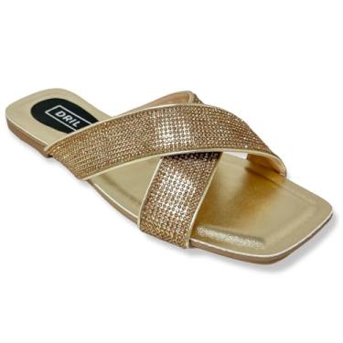 Imagem de Sandália Rasteira Feminina Tiras Cruzadas Strass Dourada (Dourado, BR, Adulto, Numérico, 34)
