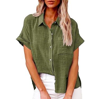Imagem de Camiseta feminina de verão, de linho, manga curta, cor sólida, caimento solto, gola V, botão, túnica, Verde, 3G