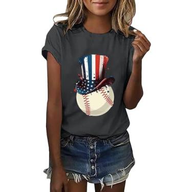 Imagem de PKDong 4th of July Shirts for Women American Flag Hat Baseball Tops Gola Redonda Manga Curta Camiseta Feminina Verão 2024, Cinza escuro, P