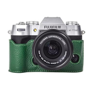 Imagem de Rieibi Capa X-T50 / XT50, meia capa de couro genuíno feita à mão, versão com abertura inferior para câmera digital Fujifilm X-T50/XT50, capa protetora para X-T50 XT50 (verde)